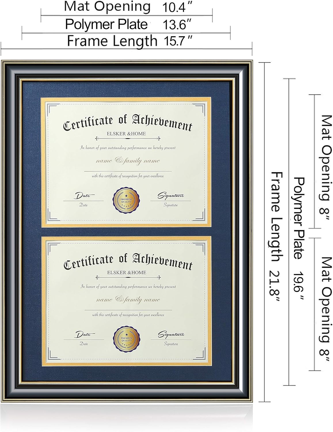 ELSKER&HOME Diploma Frame - Wide Solid Wood Frame - Black Velvet Golden Rim Mat - Semi-Tempered Glass - Includes Hanging Hardware and Desktop Easel(ONLY Display 11×14 Document/Certificate)
