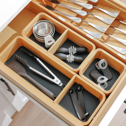 Modular Drawer Organizer Set – Kitchen Edge Storage with 3 Containers & 5 Compartments, Magnetic with Removable Inserts, Stackable, Rubber Liners & Non-Slip Base, 9in x 13.5in x 2.4in, 100% Bamboo