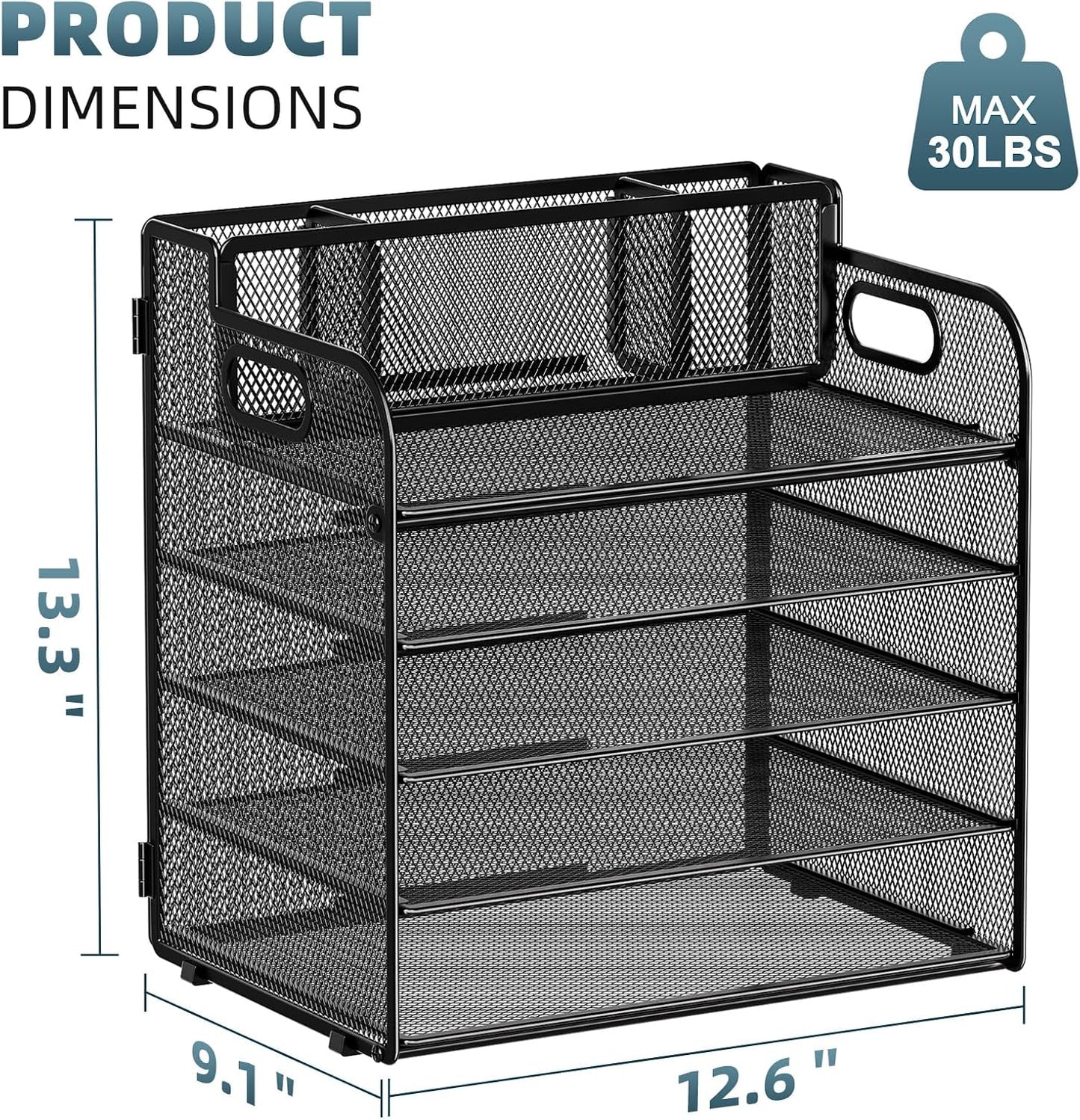 Marbrasse 5-Tier Letter Tray Paper Organizer with Handle, Multi-Functional Mesh File Organizer for Desk, Adjustable Compartments Mesh Desktop Storage for Office Supplies,Black