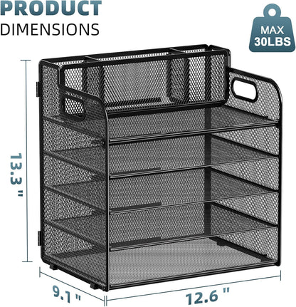 Marbrasse 5-Tier Letter Tray Paper Organizer with Handle, Multi-Functional Mesh File Organizer for Desk, Adjustable Compartments Mesh Desktop Storage for Office Supplies,Black