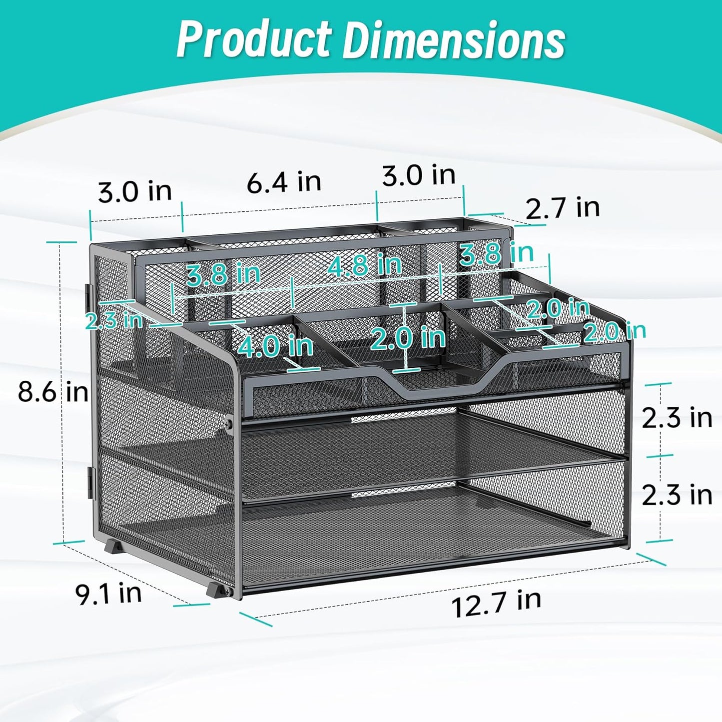 5 Tier Mesh Desk Organizer,Multi Functional Letter Paper Tray with 3 Pen Holders and 5 Adjustable Storage Compartments for Office Supplies Files and Mail Space Saving Desktop Organizer-Black