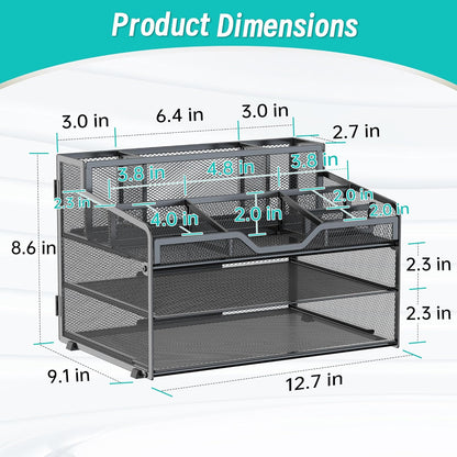 5 Tier Mesh Desk Organizer,Multi Functional Letter Paper Tray with 3 Pen Holders and 5 Adjustable Storage Compartments for Office Supplies Files and Mail Space Saving Desktop Organizer-Black