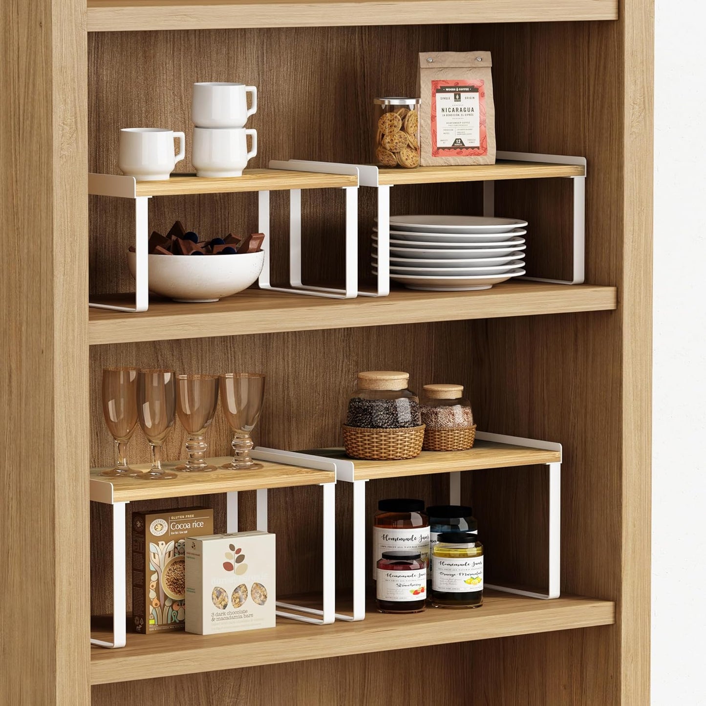 Goozii Kitchen Cabinet Organizer Shelf Set of 4, Large Stackable Pantry Cupboard Countertop Storage and Organizer, Desk Shelf Riser, Spice Plate Cup Expandable Storage Rack (Bamboo White)