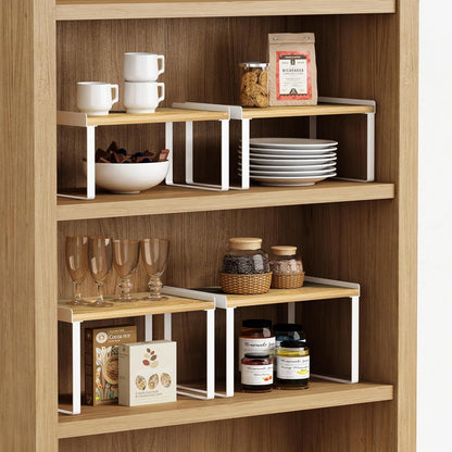 Goozii Kitchen Cabinet Organizer Shelf Set of 4, Large Stackable Pantry Cupboard Countertop Storage and Organizer, Desk Shelf Riser, Spice Plate Cup Expandable Storage Rack (Bamboo White)