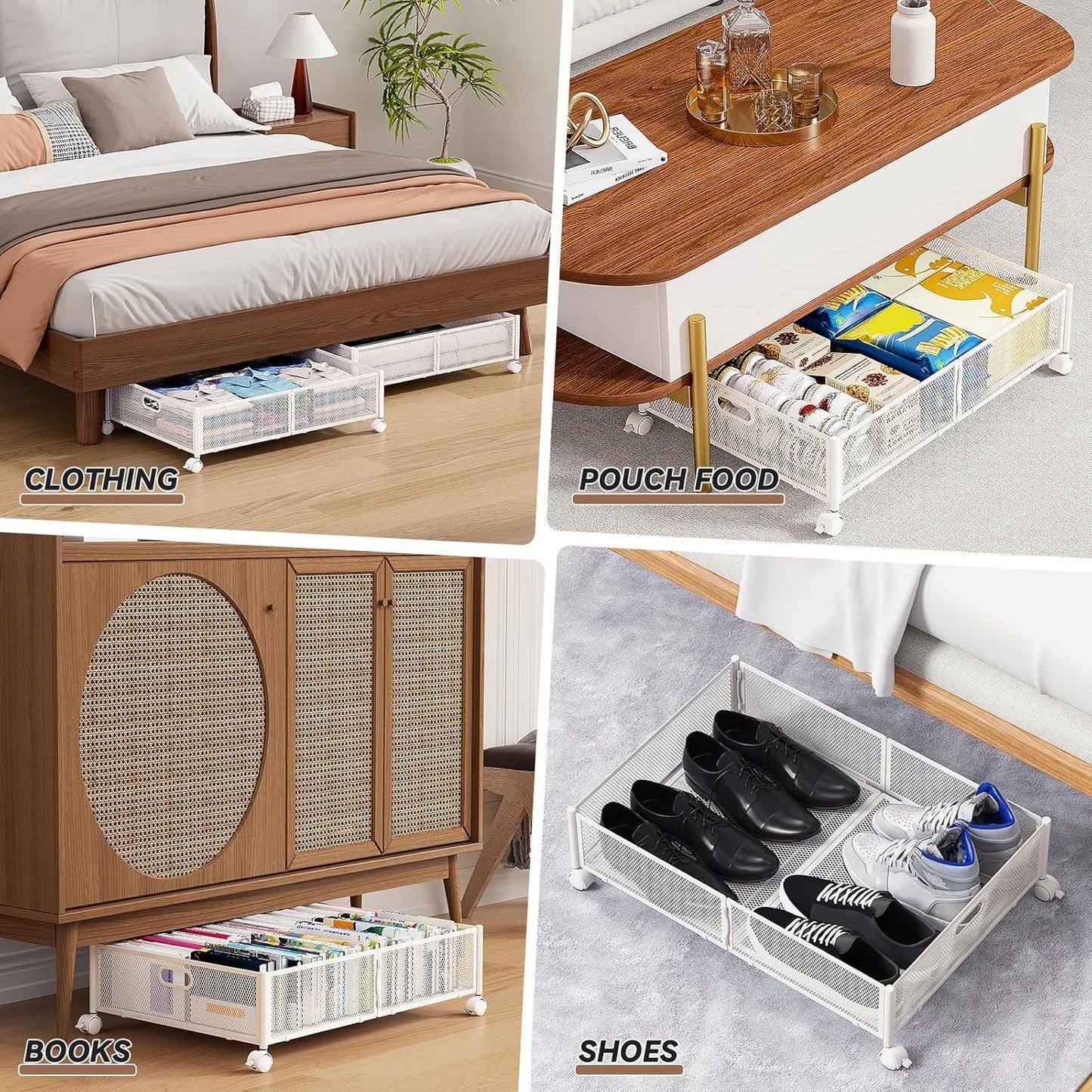 PHINOX Under Bed Storage Containers with Wheels, Under Bed Shoe Storage Organizer Drawer, Tool-free Assembly Metal Storage Containers for Bedroom Clothes Shoes Blankets -2PCK
