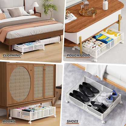 PHINOX Under Bed Storage Containers with Wheels, Under Bed Shoe Storage Organizer Drawer, Tool-free Assembly Metal Storage Containers for Bedroom Clothes Shoes Blankets -2PCK