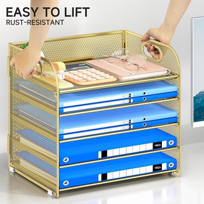 Paper Organizer Letter Tray with Handle, 5-Tier Black Stackable Desk Organizer with Metal Mesh, Sturdy Paper Tray for Office Desk, Home & Classroom Supplies Storage