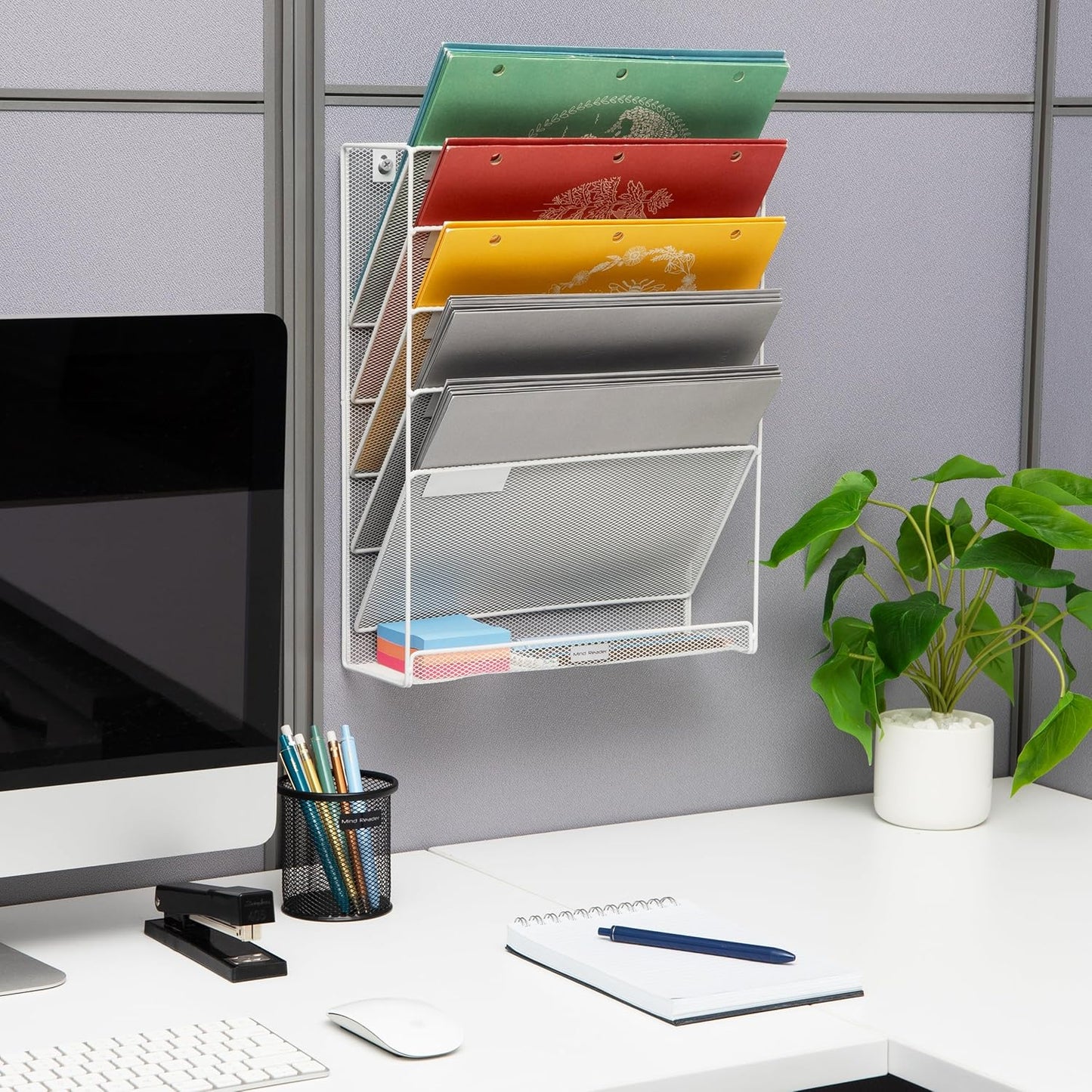 Mind Reader 5-Pocket Vertical File Storage, Desktop Organizer, Wall Mount, Office, Metal Mesh, Pink