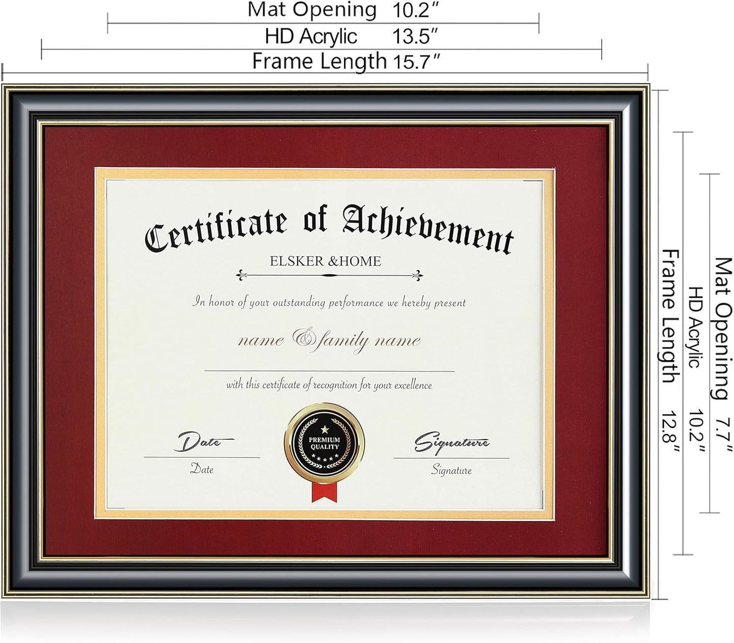 ELSKER&HOME Diploma Frame - Wide Solid Wood Frame - Black Velvet Golden Rim Mat - Semi-Tempered Glass - Includes Hanging Hardware and Desktop Easel(ONLY Display 11×14 Document/Certificate)