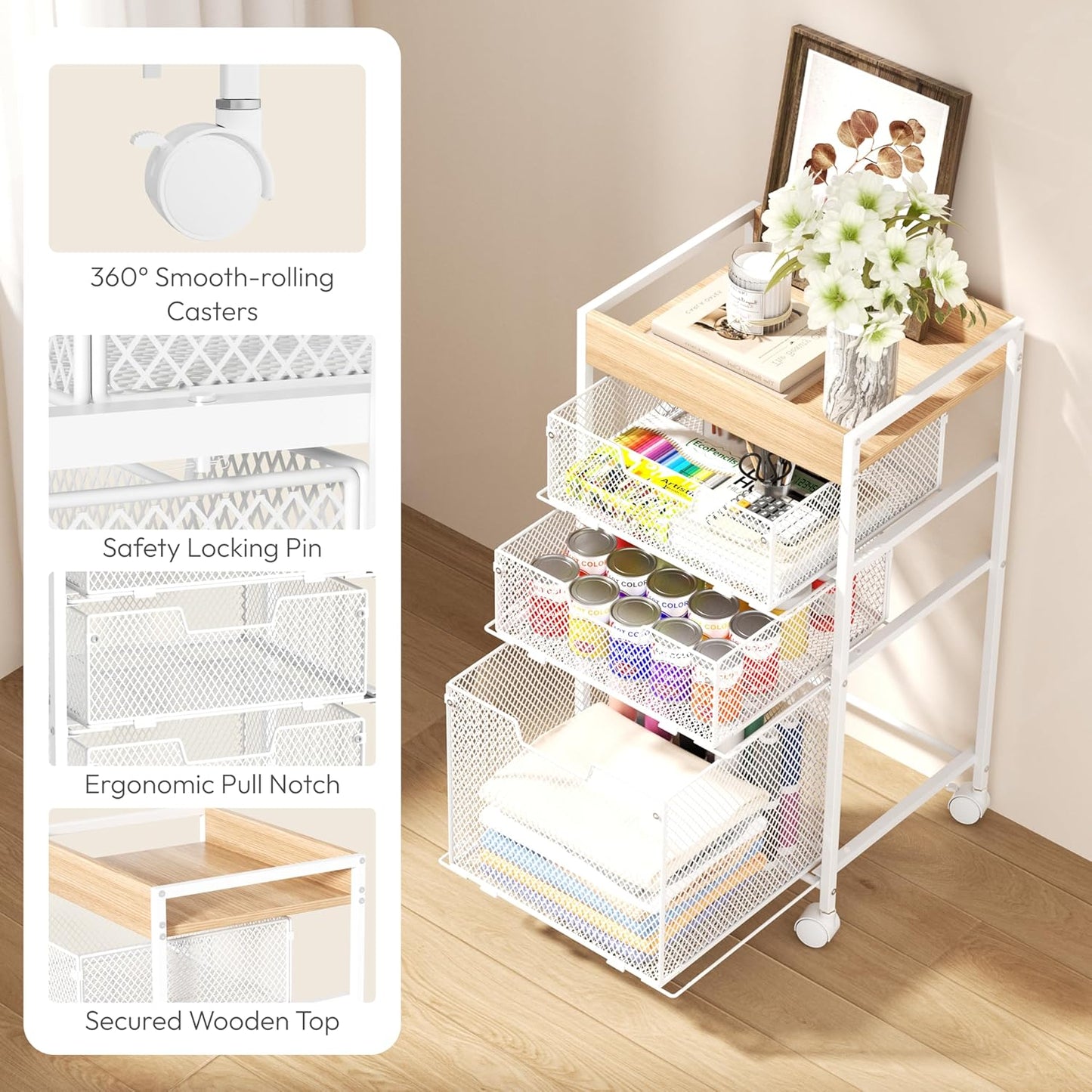 SWTYMIKI Rolling File Cart with Drawers - 4 Tier Under Desk Storage Craft Rolling Organizer Cart - Office Storage &Organization, Mobile Metal Filing Cabinet for Office and Home Espresso
