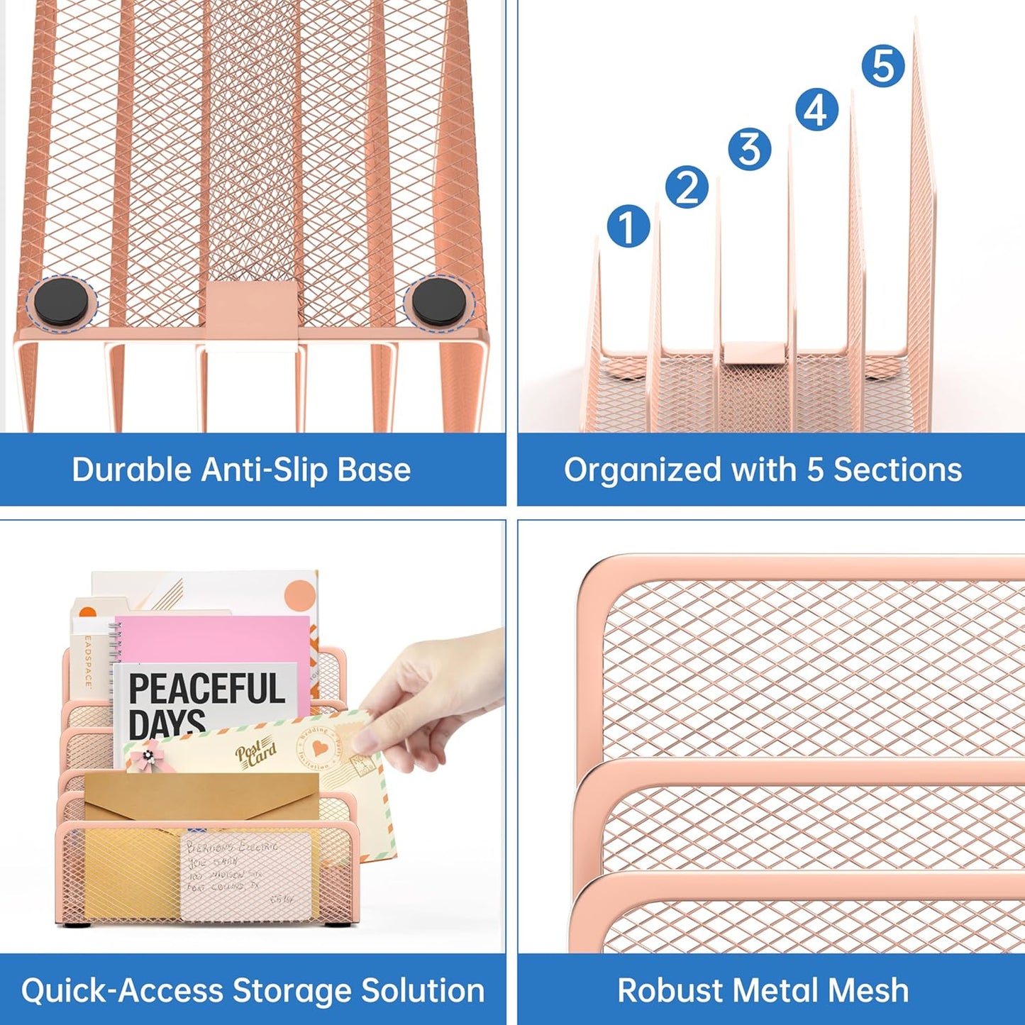 Mail Organizer Countertop with 5 Slot, Metal Mail Holder for Desk, File Holder Letter Sorter for Envelope, Bill and Document (Rose Gold)