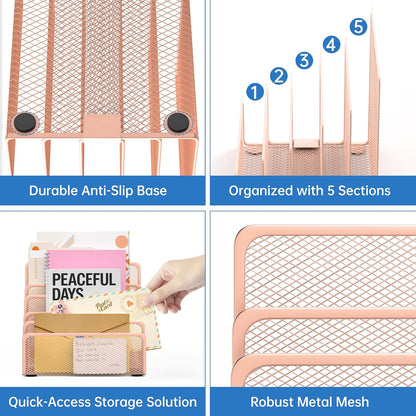 Mail Organizer Countertop with 5 Slot, Metal Mail Holder for Desk, File Holder Letter Sorter for Envelope, Bill and Document (Rose Gold)