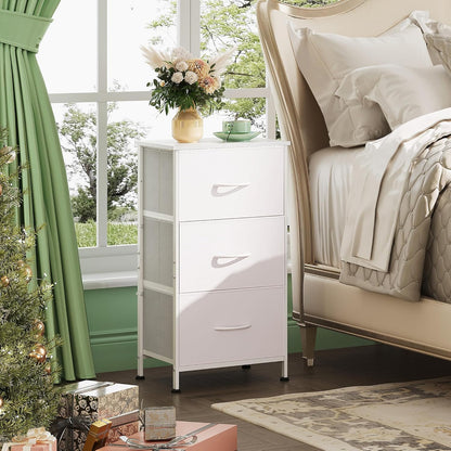 WLIVE Dresser with 3 Drawers, Fabric Nightstand, Cabinet with Wheels, Organizer Storage Dresser for Bedroom, Office, Entryway, Closets, Sturdy Steel Frame, Wood Top, Easy Pull Handle, White
