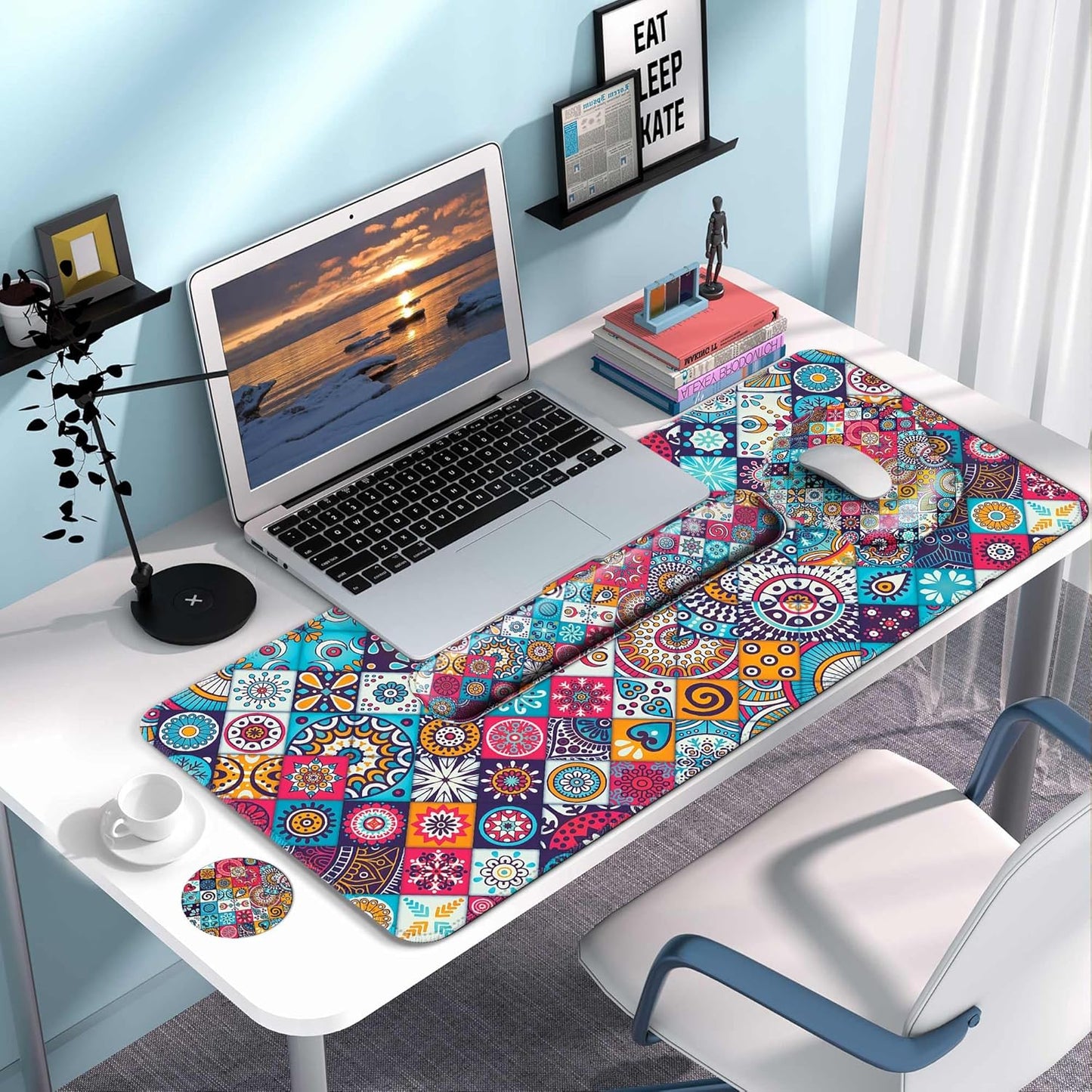 Desk Mat Set + Keyboard and Mouse Pad with Wrist Rest Support,4-in-1 Large Mousepad Computer Mats for Desktop Home & Office-Purple Butterflies