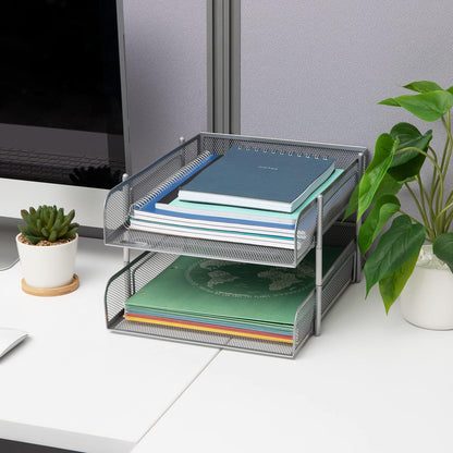 Mind Reader Stackable Paper Tray, Desktop Organizer, File Storage, Office, Metal Mesh, 2 Pcs, Black