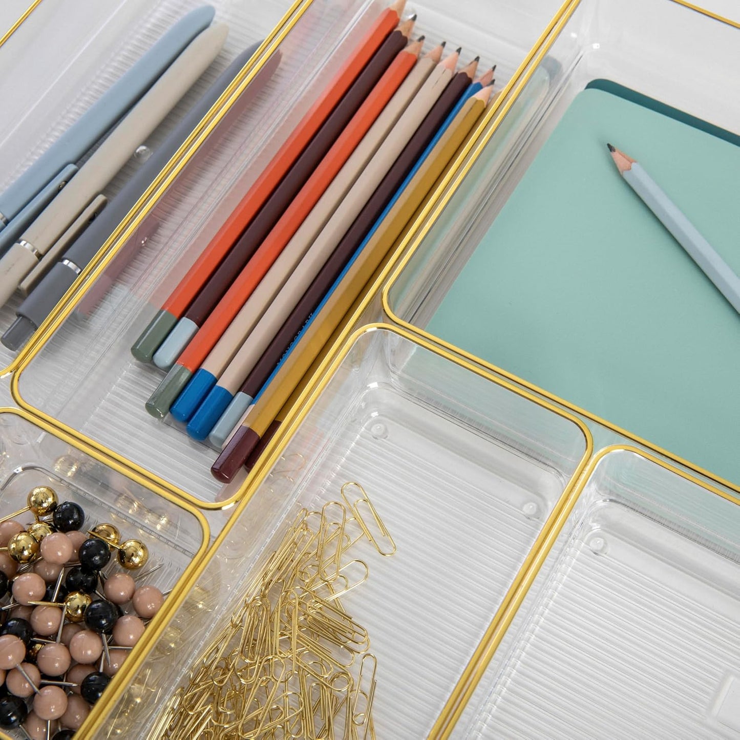 Martha Stewart Kerry Plastic Stackable Office Desk Drawer Organizers, Set of 8, with Gold Trim