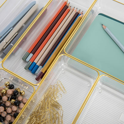Martha Stewart Kerry Plastic Stackable Office Desk Drawer Organizers, Set of 8, with Gold Trim