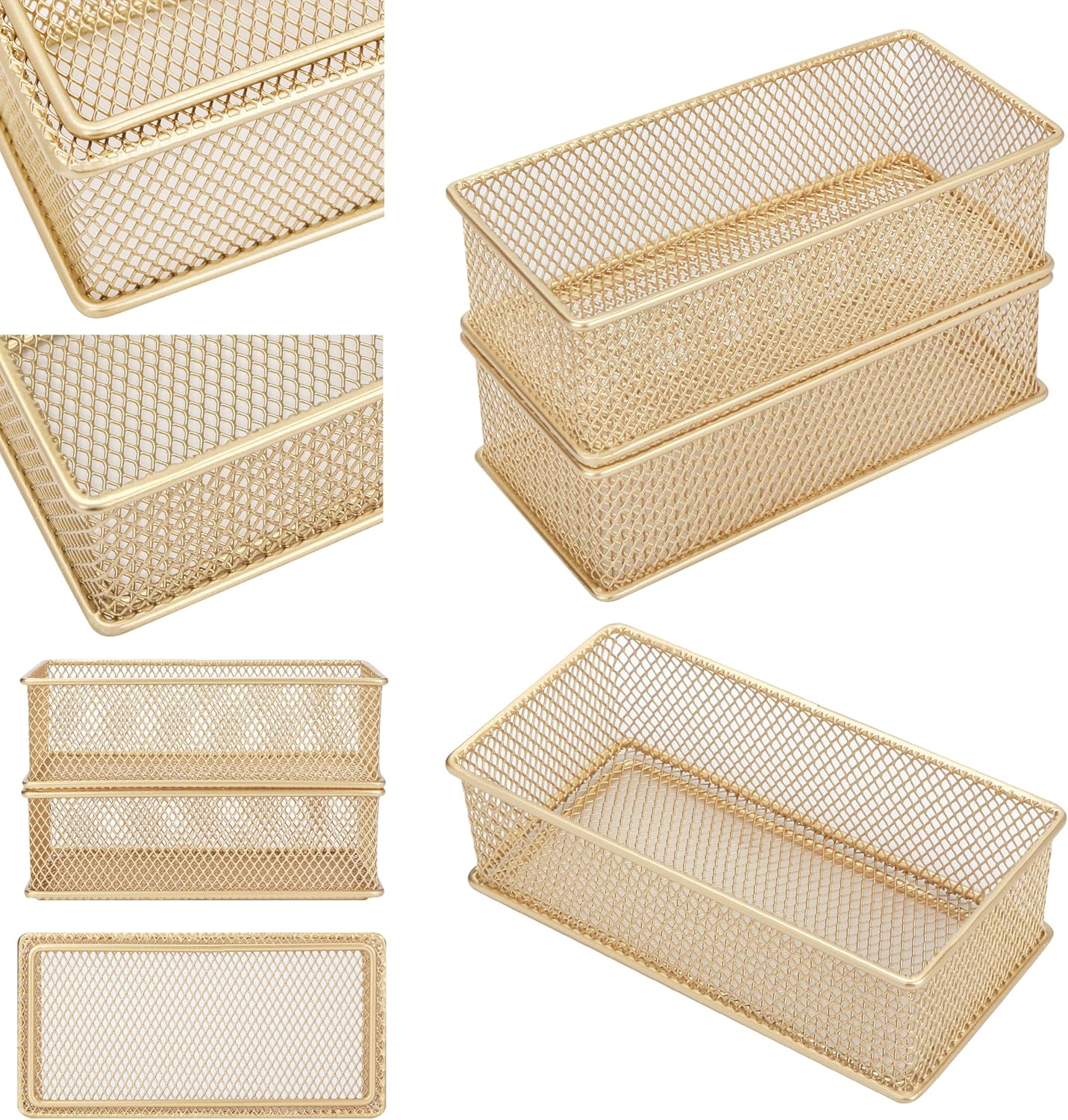 Annova Stackable Mesh Drawer Cabinet and Shelf Organizer Bins Storage Basket School Office Supply Holder Tray- Set of 2 (Gold, 3x3x2 Inch)
