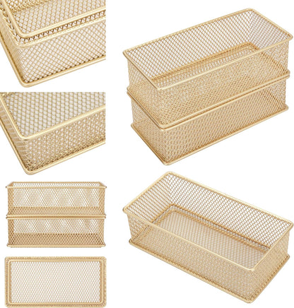 Annova Stackable Mesh Drawer Cabinet and Shelf Organizer Bins Storage Basket School Office Supply Holder Tray- Set of 2 (Gold, 3x3x2 Inch)
