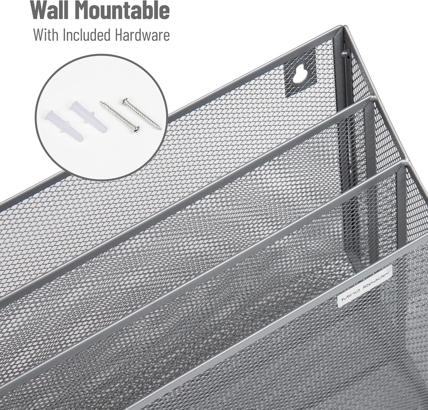 Mind Reader Vertical File Storage, Desktop Organizer, Wall Mount, Office, Metal Mesh, Black