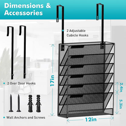 MINDEPOT 7-Tier Wall Hanging File Organizer Cubicle Hanging Organizer Mount File Holder, Mesh Magazine Document Mail Organizer Wall Organizer for Office School Home, Black