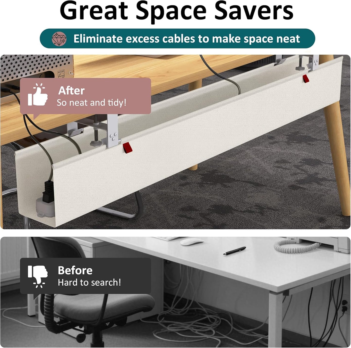 Under Desk Cable Management Tray - Under Desk Cord Management - Clamp/Screw Mount - Fabric Wire Management - Cable Raceways Tray Cord Hiders for Office/Home (Black, 35.8"×5.6")