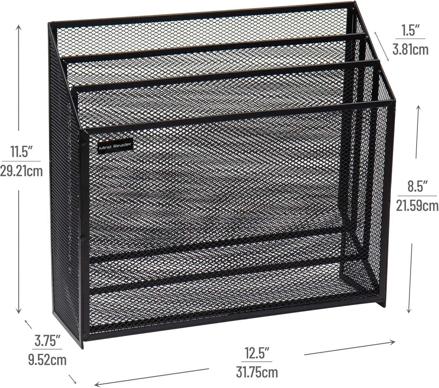 Mind Reader Vertical File Storage, Desktop Organizer, Workspace, Office, Metal Mesh, 12.5"L x 3.75"W x 11.5"H, Black
