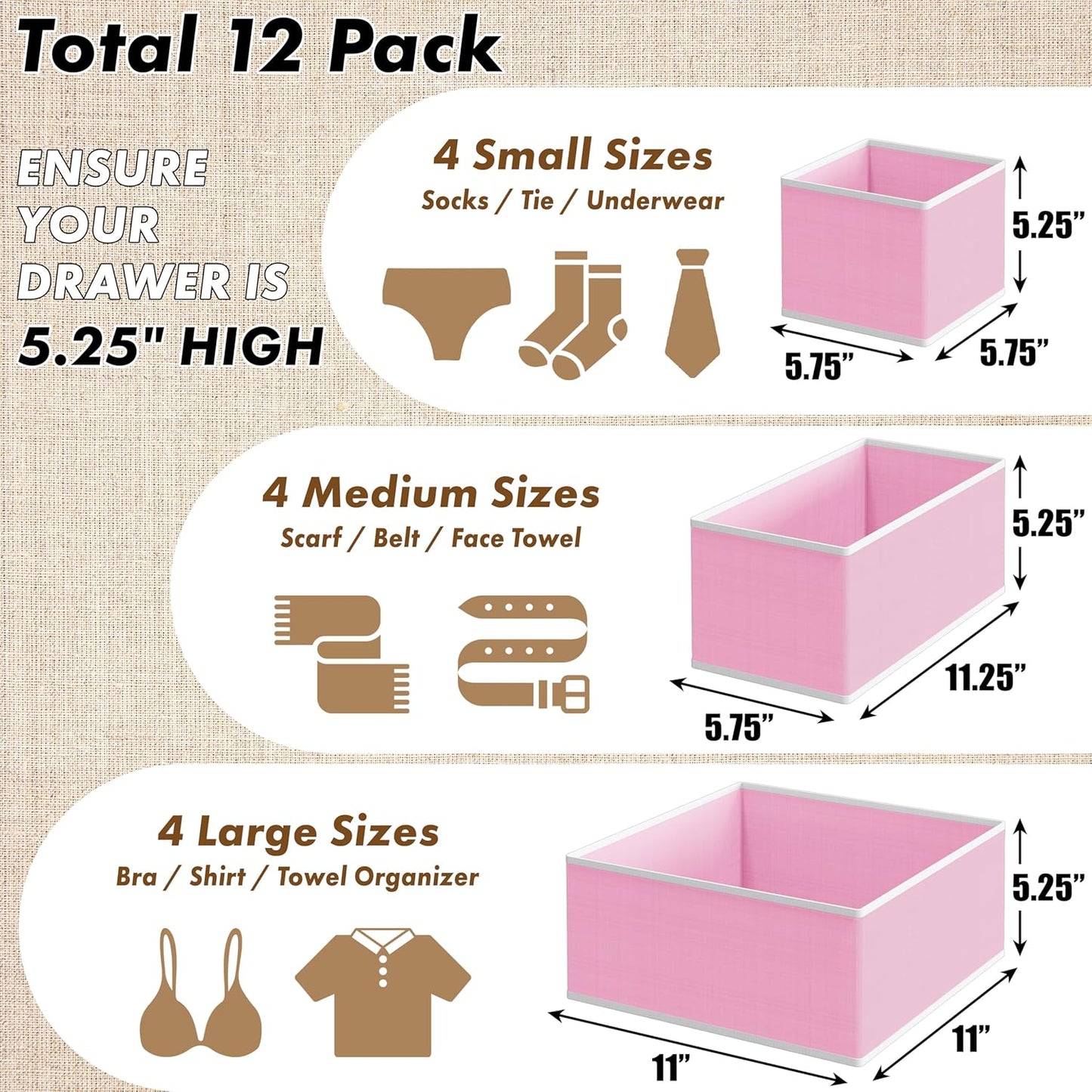SIMPLE HOUSEWARE Foldable Drawer Organizer for Clothes/Underwear/Panty/Onesie Stocking Bin, Set of 12, Black