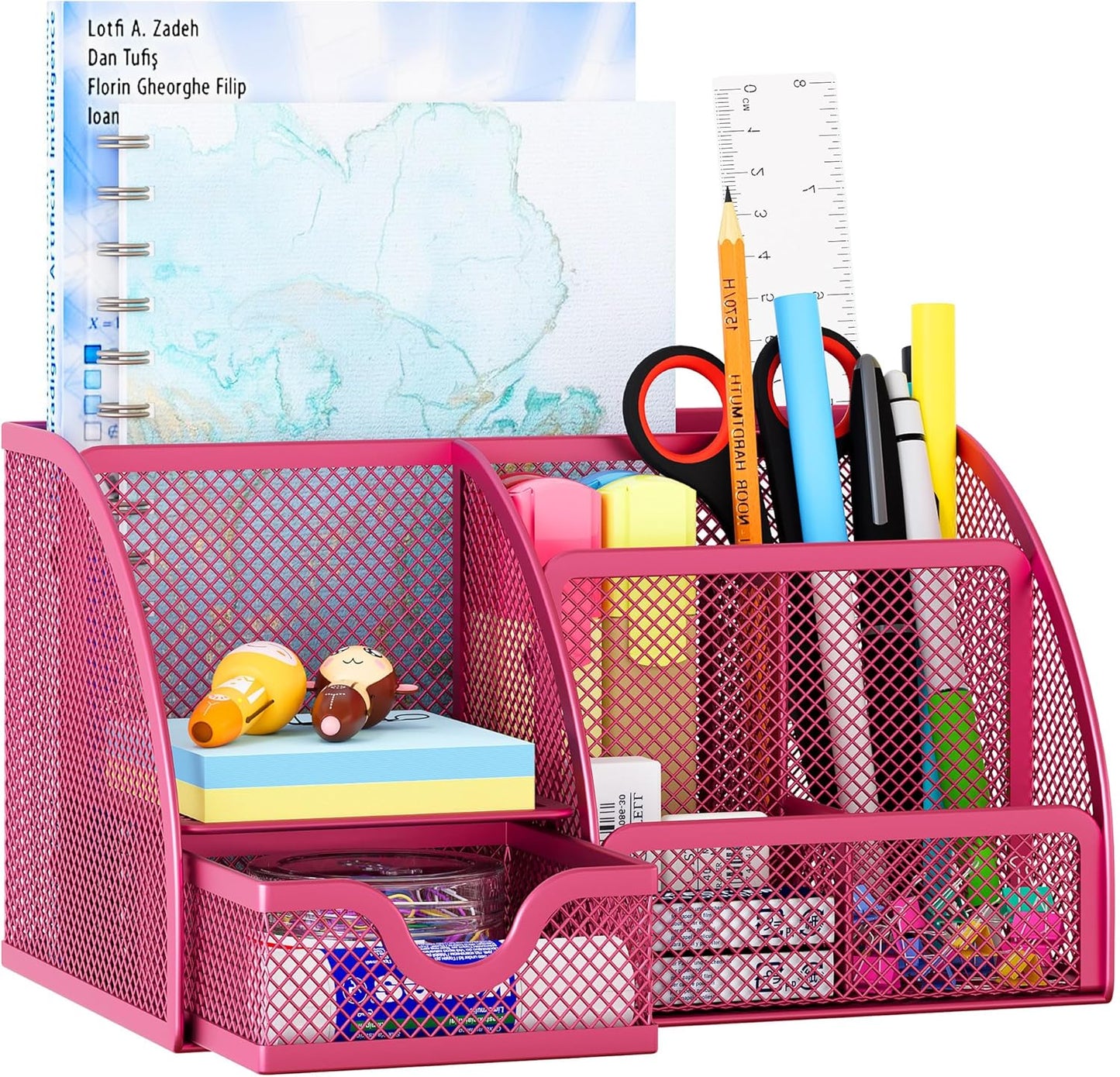 EasyPAG Mesh Desk Organizer with Drawer Multi-functional Pen Holder Stationery Organizer for Office School Supplies 6 Compartments Dorm Organizers and Storage for Desk, Black