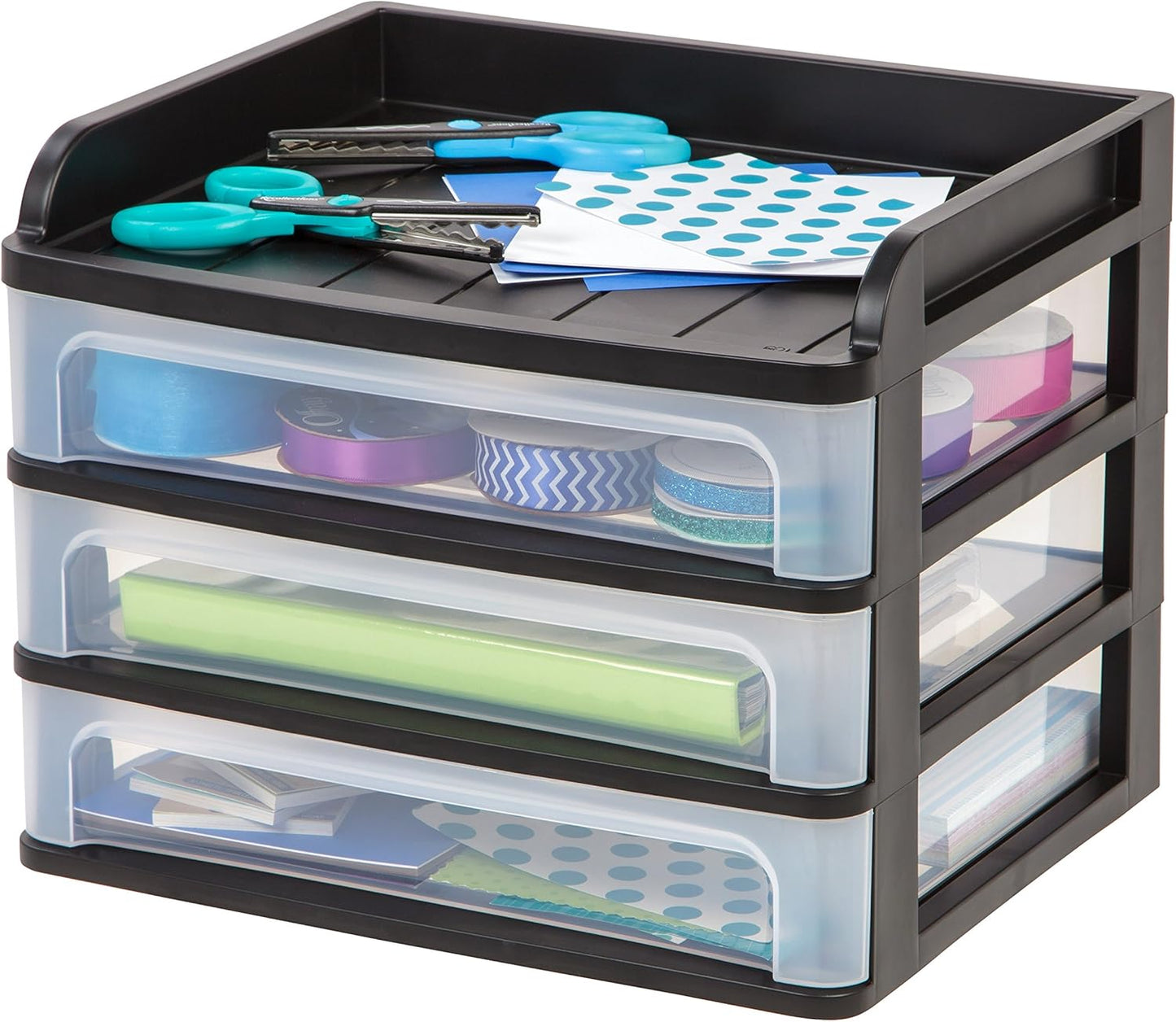 IRIS USA Plastic Stacking Desk Top 3-Drawer Storage Organizer, 2-Pack, for Makeup Vanity Nail Polish Bathroom Stationery Art Craft Supplies Kitchen Office Garage and Small Organization, Small, Black