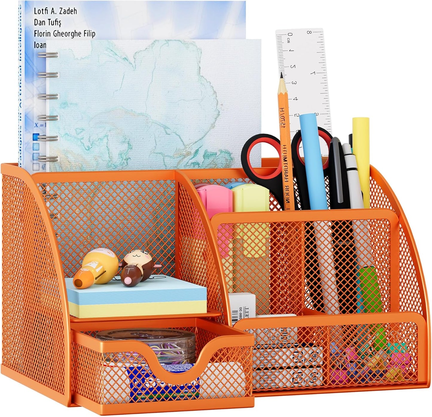 EasyPAG Mesh Desk Organizer with Drawer Multi-functional Pen Holder Stationery Organizer for Office School Supplies 6 Compartments Dorm Organizers and Storage for Desk, Black