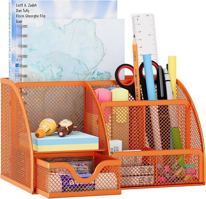 EasyPAG Mesh Desk Organizer with Drawer Multi-functional Pen Holder Stationery Organizer for Office School Supplies 6 Compartments Dorm Organizers and Storage for Desk, Black