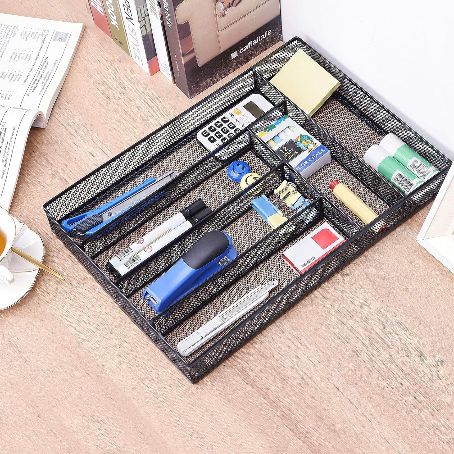 WuGeShop Expandable Office Drawer Organizer, 6 to 7 Compartments Adjustable Mesh Desk Drawer Organizer, Good Desk Organizer for Office Supplies and Art Supplies