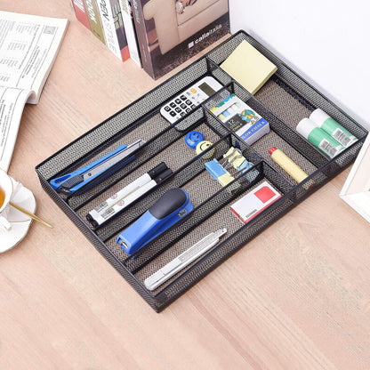 WuGeShop Expandable Office Drawer Organizer, 6 to 7 Compartments Adjustable Mesh Desk Drawer Organizer, Good Desk Organizer for Office Supplies and Art Supplies