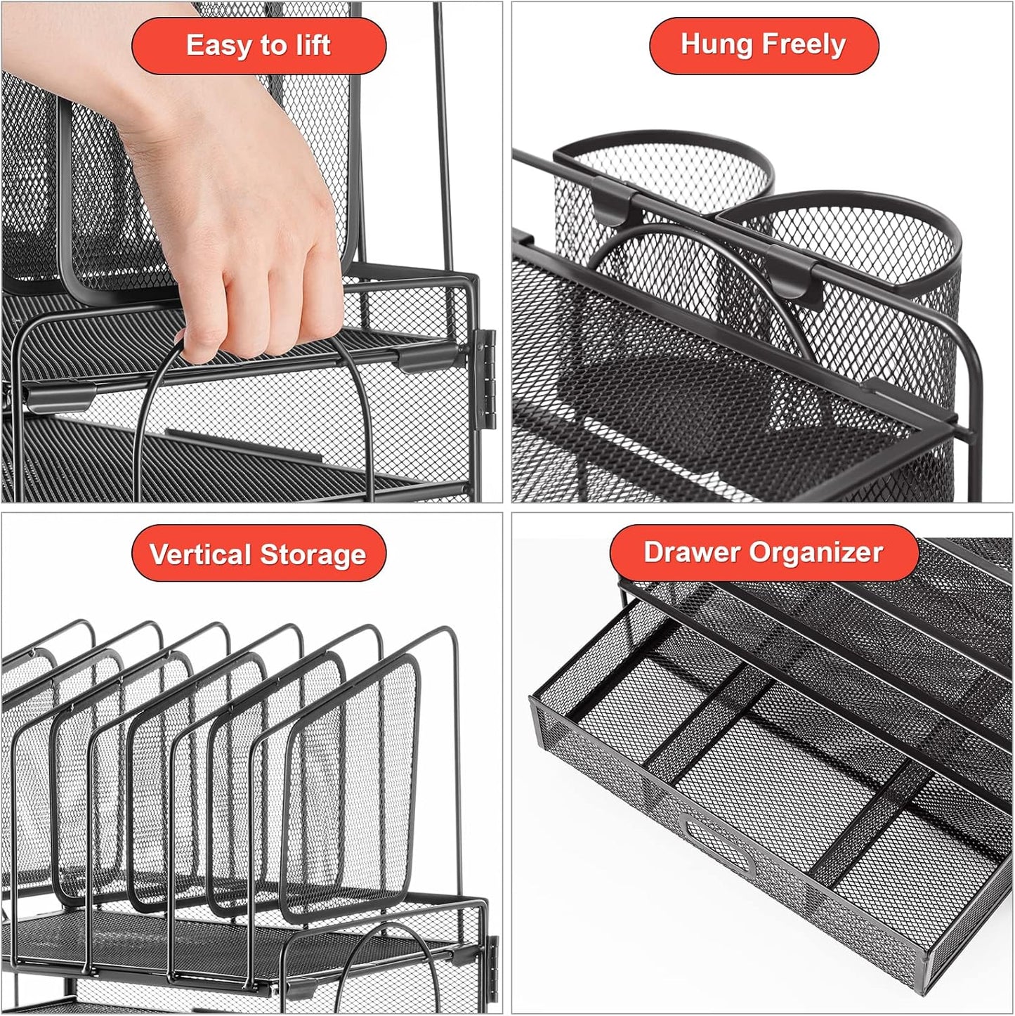 Marbrasse Desk Organizer with Drawer, 4-Tier Mesh File Organizer with 5 Vertical File Holders and 2 Pen Holders, Multifunction Desktop Organizer,Desk Organizers and Accessories for Home Office