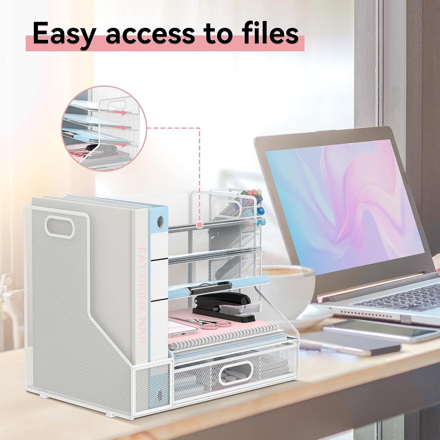 SUPEASY Desk Organizer with File Holder, 5-Tier Mesh Paper Letter Tray and 3 Tilted File Sorter for Office Supplies, Black
