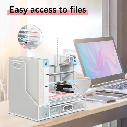 SUPEASY Desk Organizer with File Holder, 5-Tier Mesh Paper Letter Tray and 3 Tilted File Sorter for Office Supplies, Black
