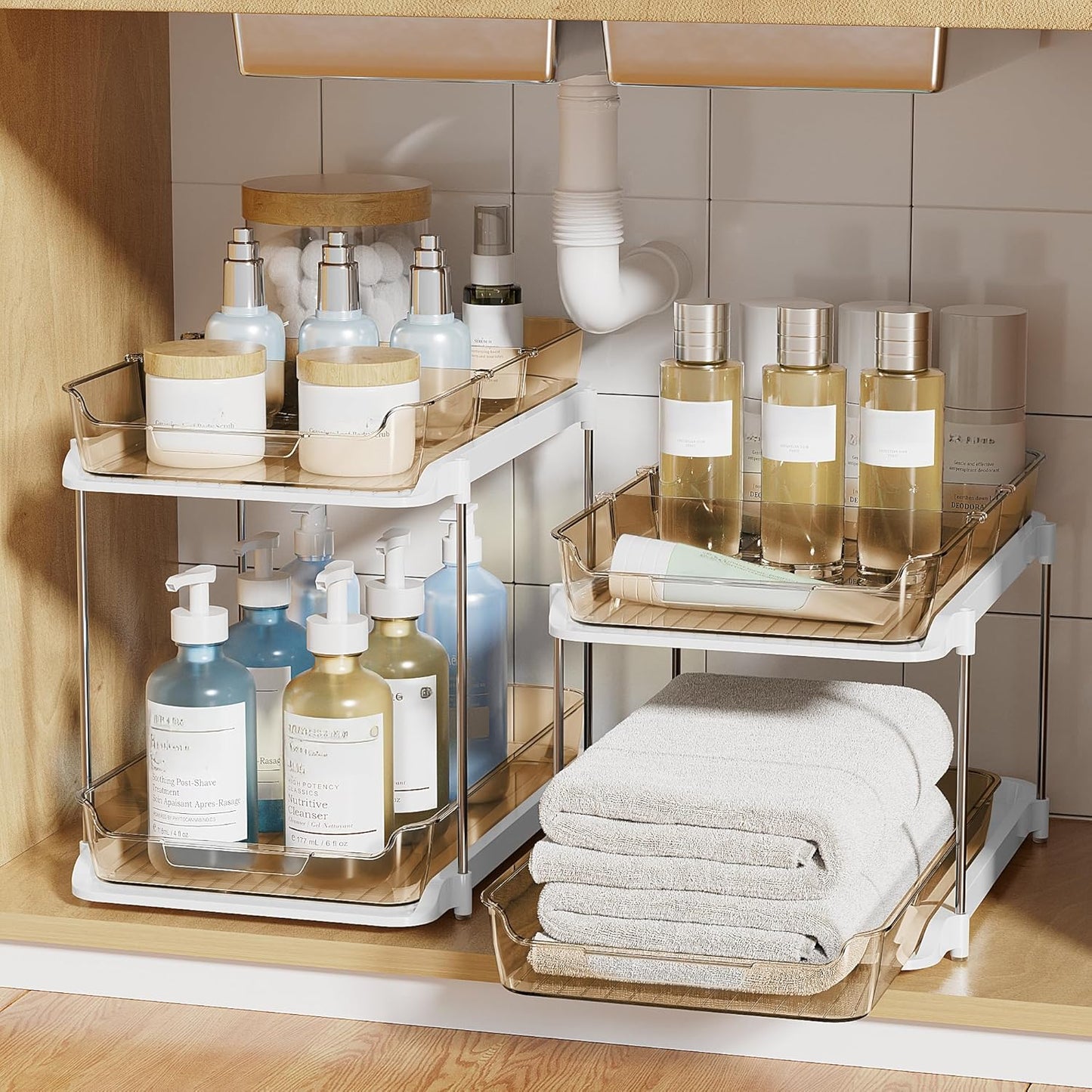Delamu 2-Tier Multi-Purpose Bathroom Under Sink Organizers and Storage, Stackable Kitchen Pantry Organization, Pull Out Medicine Cabinet Organizer with Movable Dividers, White, 2 Pack
