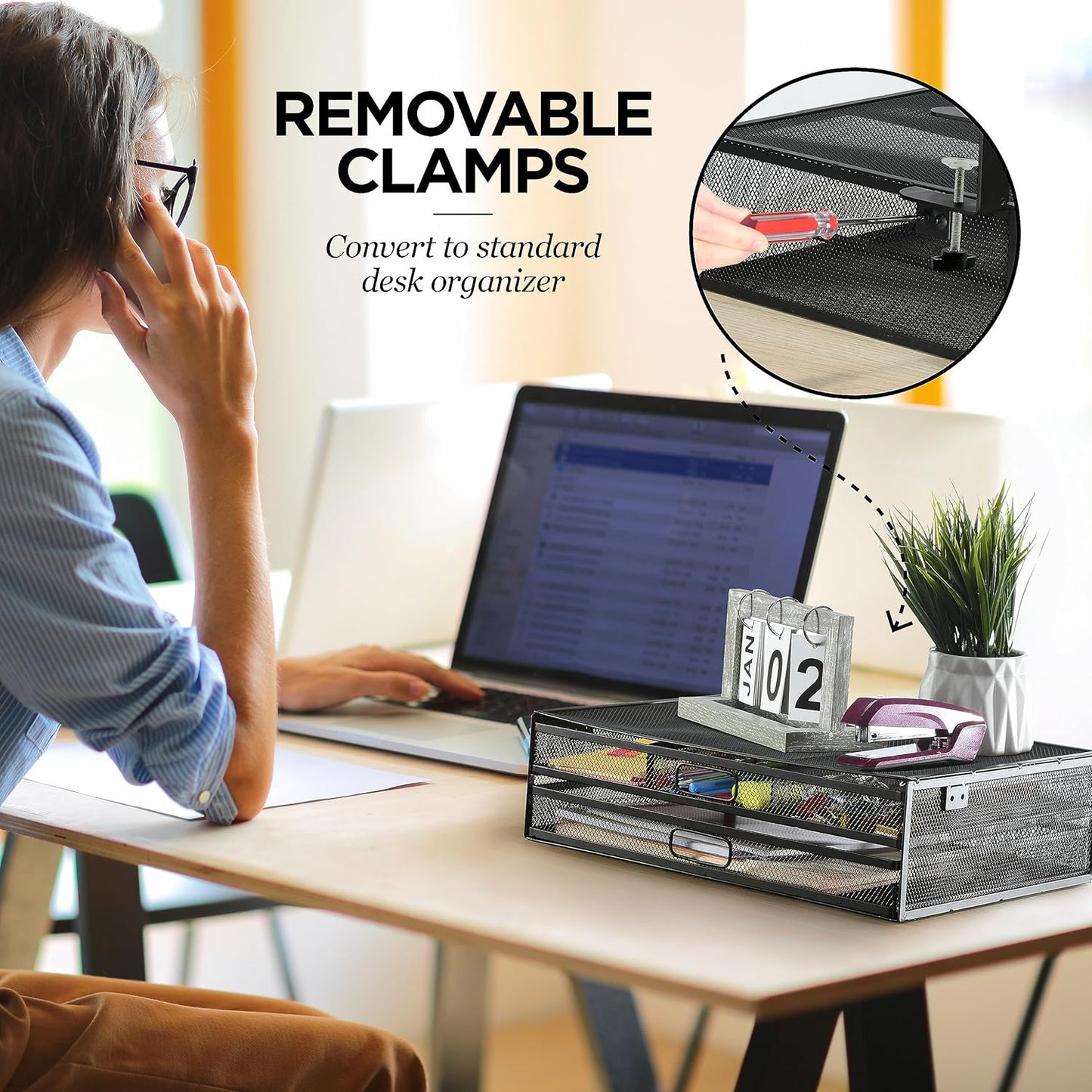 Under Desk Drawer Organizer Clamp-On, Mesh Metal Attachment, 1 Drawer Slide Out, On or Under Desk Organizer for Office Supplies & Home Essentials