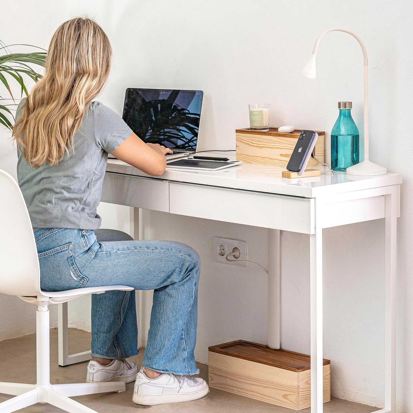 NATURE SUPPLIES Set of 2, Wood Cable Management Boxes, Large and Medium Cord Organizer to Hide Wires and Power Strips for TV, Desk, Computer, Router, Cable Storage and Home Office Organization, White