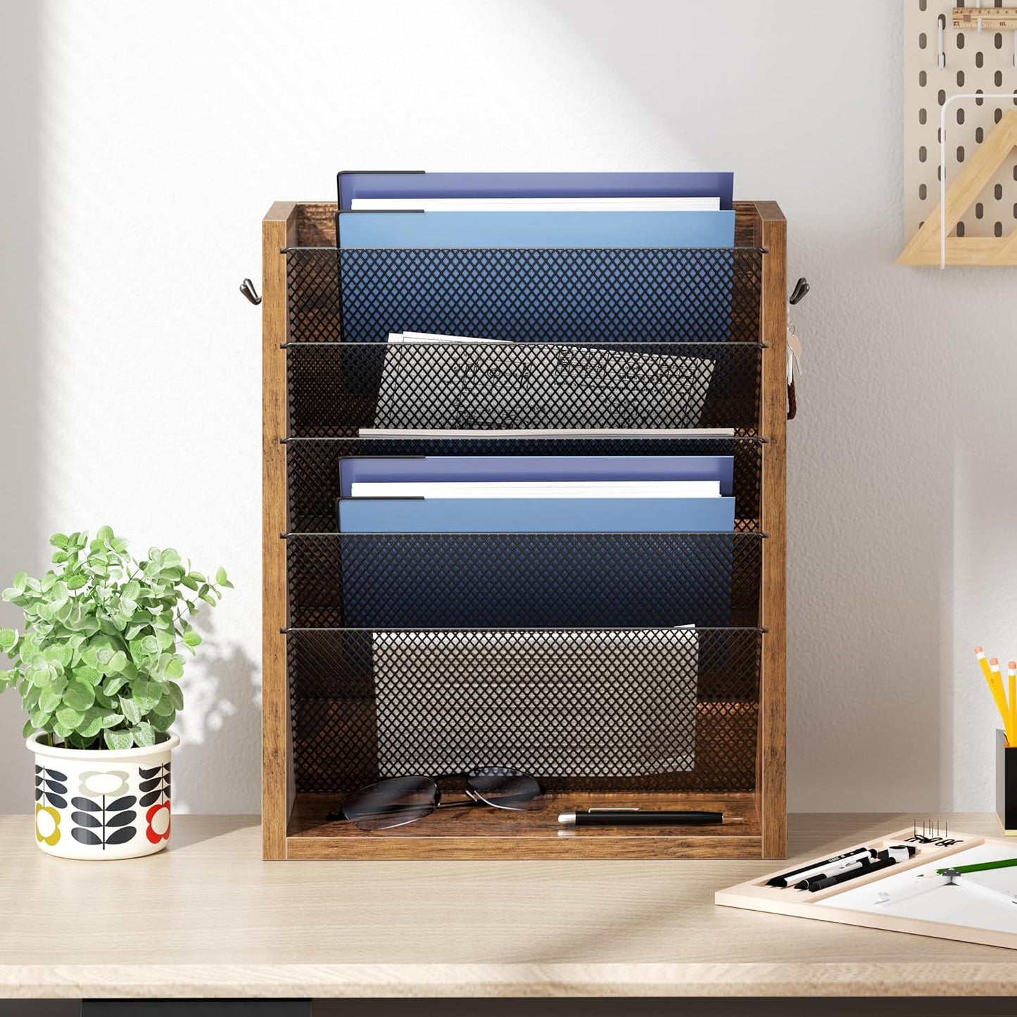 Creso hom Mail Organizer Wall Mounted, 6-Tier Wall File Organizer with 2 Hooks, Wooden Desk Organizer Magazine Holder with Bottom Flat Tray, for Office Home, Rustic Brown