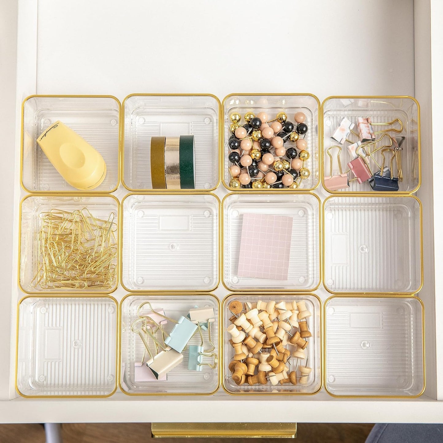 Martha Stewart Kerry Plastic Stackable Office Desk Drawer Organizers, 6" x 3", 6 Pack, with Gold Trim