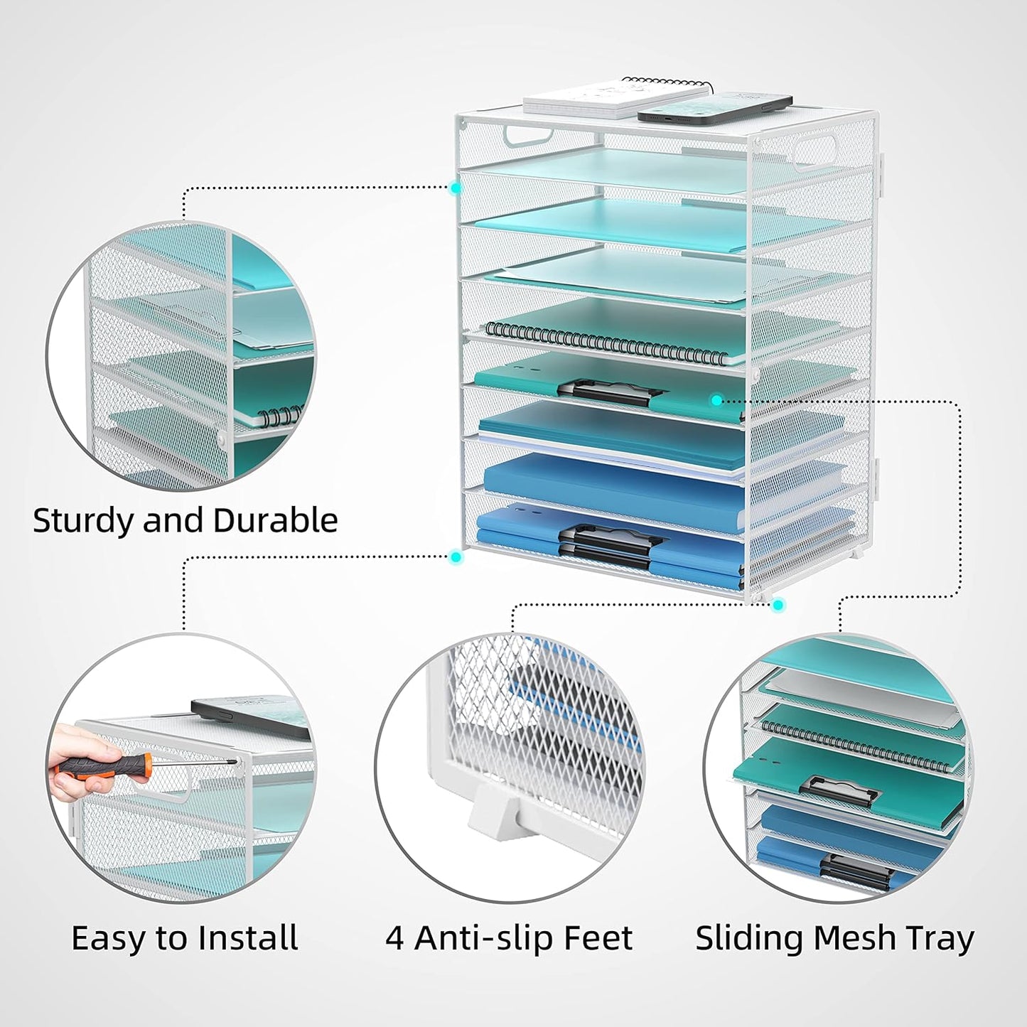 DALTACK 9-Tier Paper Organizer for Desk, Mesh Letter Tray Desk Organizer with Handles, Space-Saving File Organizer for Office Home School Classroom, Black