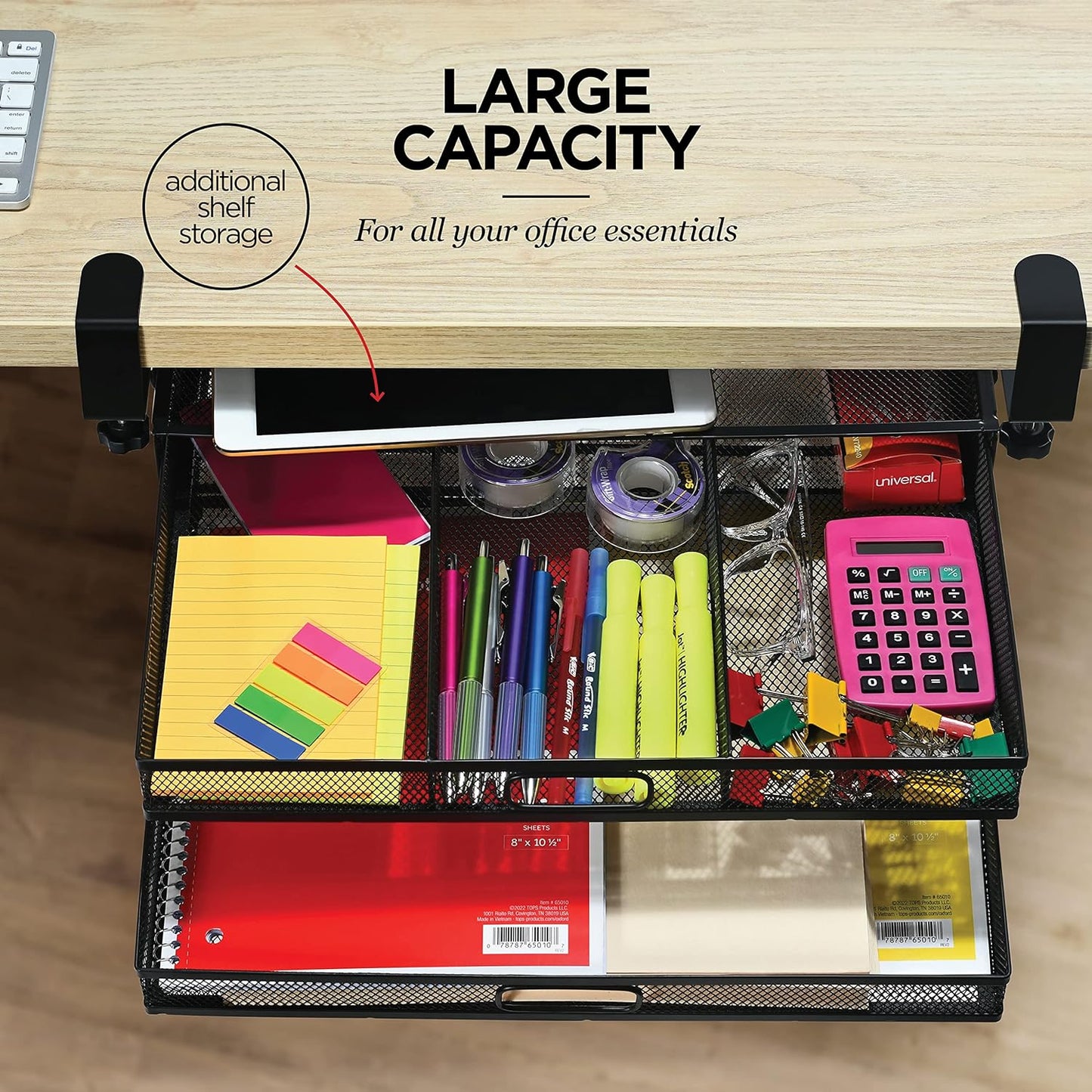 Under Desk Drawer Organizer Clamp-On, Mesh Metal Attachment, 1 Drawer Slide Out, On or Under Desk Organizer for Office Supplies & Home Essentials