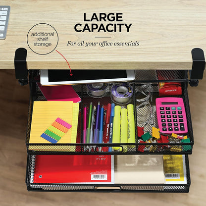 Under Desk Drawer Organizer Clamp-On, Mesh Metal Attachment, 1 Drawer Slide Out, On or Under Desk Organizer for Office Supplies & Home Essentials