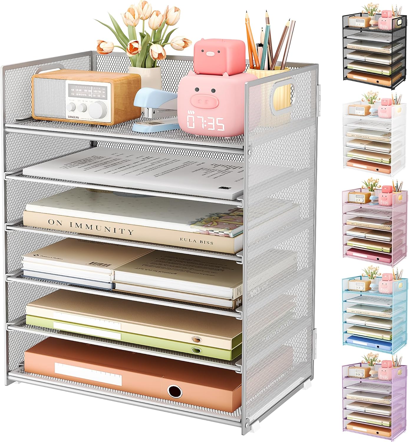 Subekyu 6 Tier Office File Paper Desk Tray Organizer with Handle, Stackable Slide Mesh Letter Tray Folder Blue Desk Organizer, Desktop Document Sorter for Classroom, Office, Home Supplies Storage
