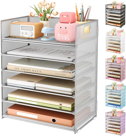 Subekyu 6 Tier Office File Paper Desk Tray Organizer with Handle, Stackable Slide Mesh Letter Tray Folder Blue Desk Organizer, Desktop Document Sorter for Classroom, Office, Home Supplies Storage