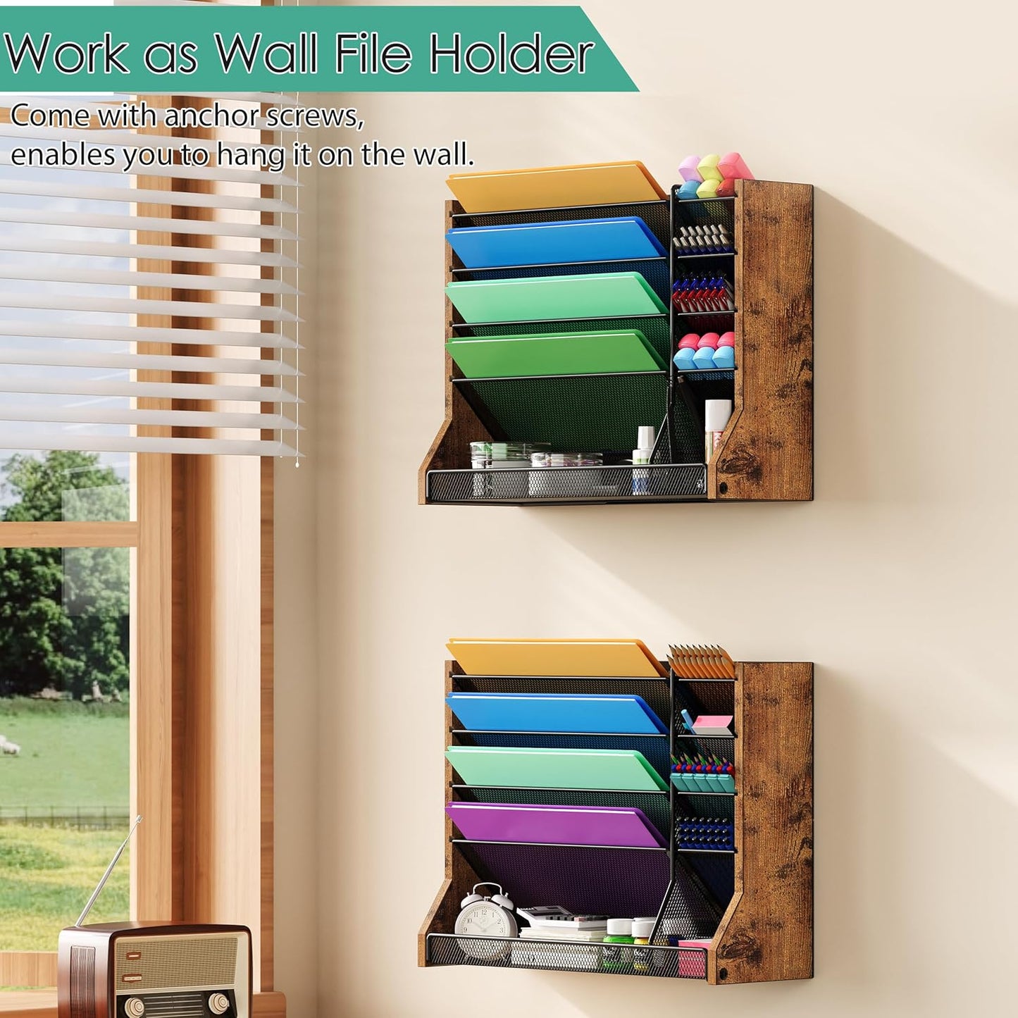 Jakyitvi File Organizer Wall Mounted, 4 Tiers Durable Adjustable Metal Desk Organizer, Desktop Hanging File Holder with 4 Pen Slots Stable, 4 Pull-Out Divider for File, Mail, Black, Patent Pending