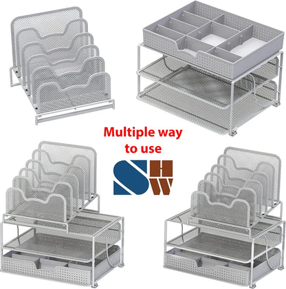 Simple Houseware Mesh Desk Organizer with Sliding Drawer, Double Tray and 5 Stacking Sorter Sections, Black