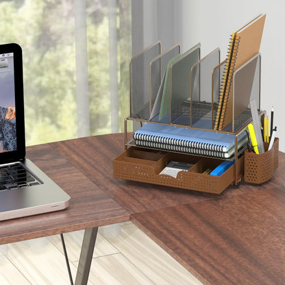 Simple Houseware Mesh Desk Organizer with Sliding Drawer, Double Tray and 5 Upright Sections, Black
